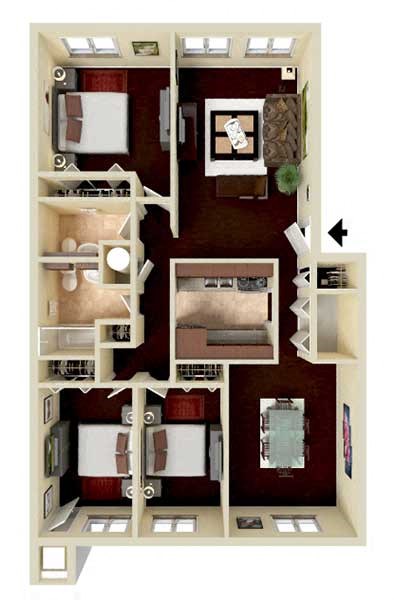 Floor plan for 3 beds, 2 baths, 955 sqft